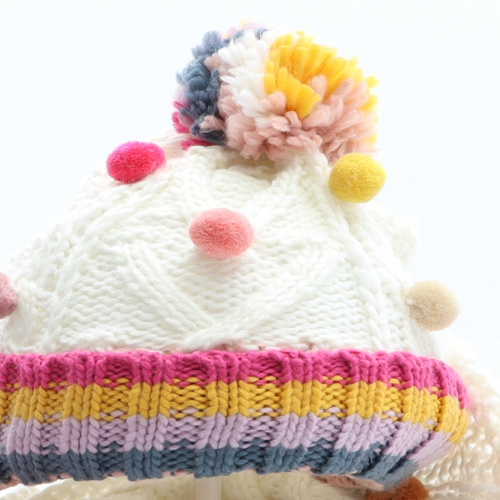 Preworn Girls White Colourblock Acrylic Bobble Hat One Size - PomPoms