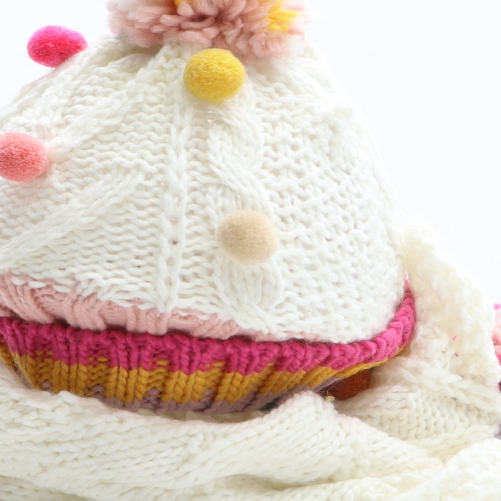 Preworn Girls White Colourblock Acrylic Bobble Hat One Size - PomPoms