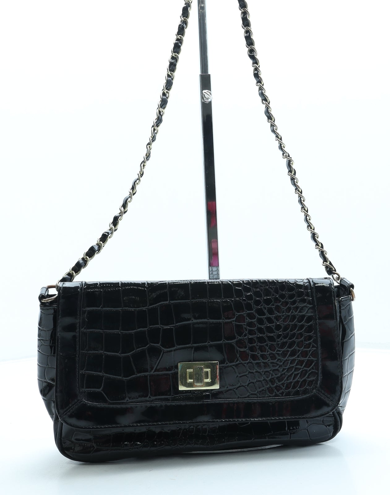 Primark Womens Black Animal Print Polyurethane Crossbody Size Small - Croc Texture