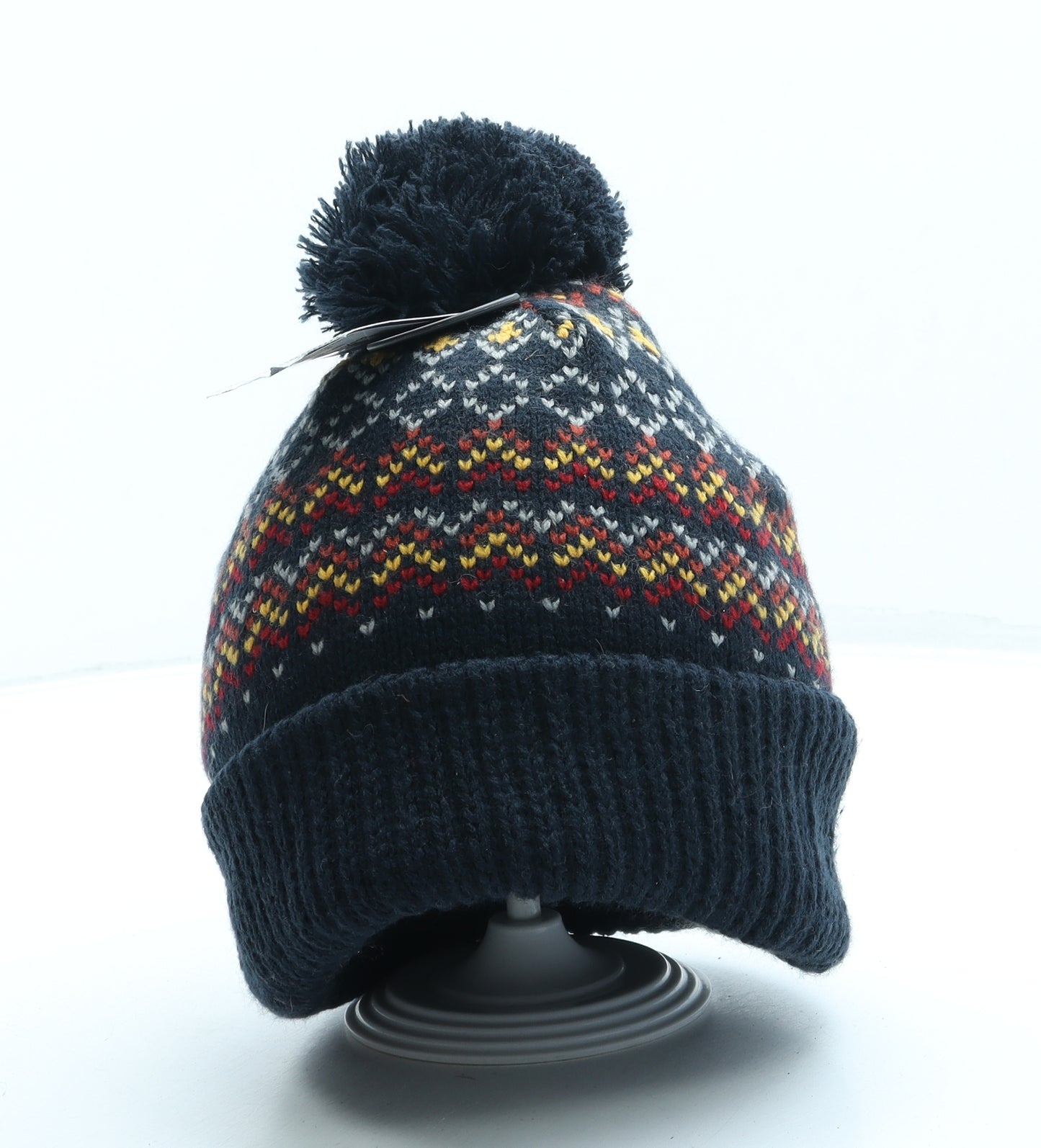 TU Mens Blue Geometric Acrylic Beanie One Size - Pom Pom