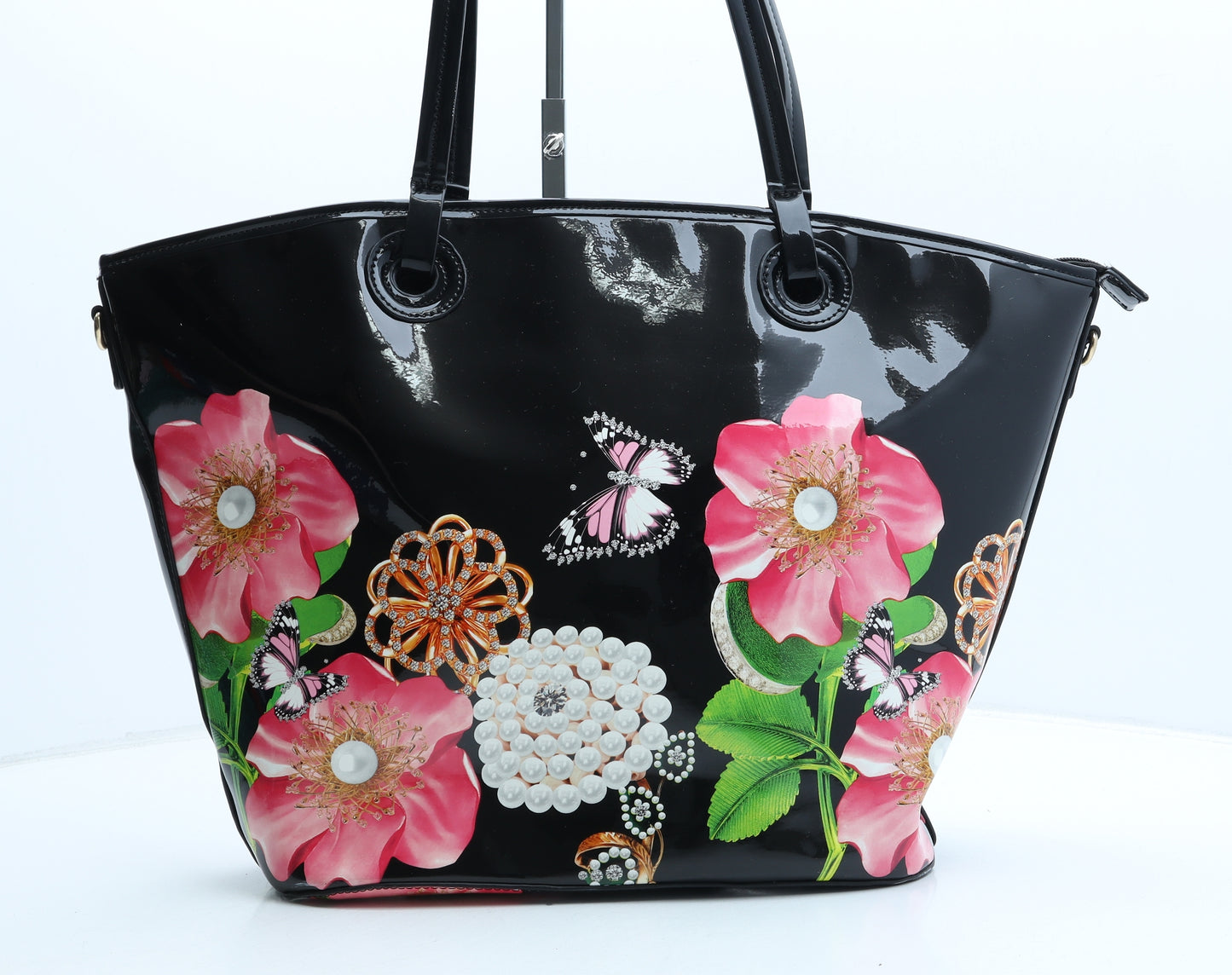 Preworn Womens Black Floral Polyurethane Hobo Bag Size Large