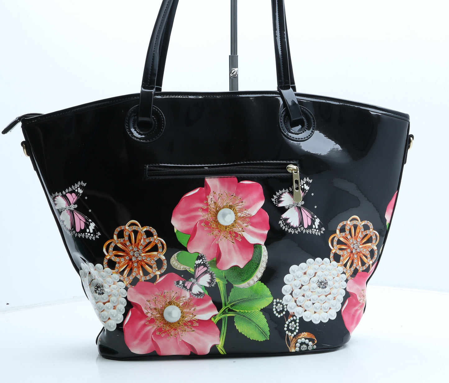 Preworn Womens Black Floral Polyurethane Hobo Bag Size Large