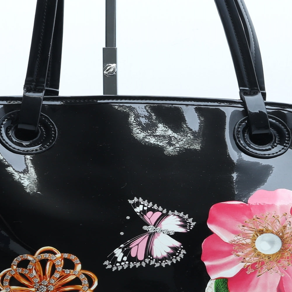 Preworn Womens Black Floral Polyurethane Hobo Bag Size Large
