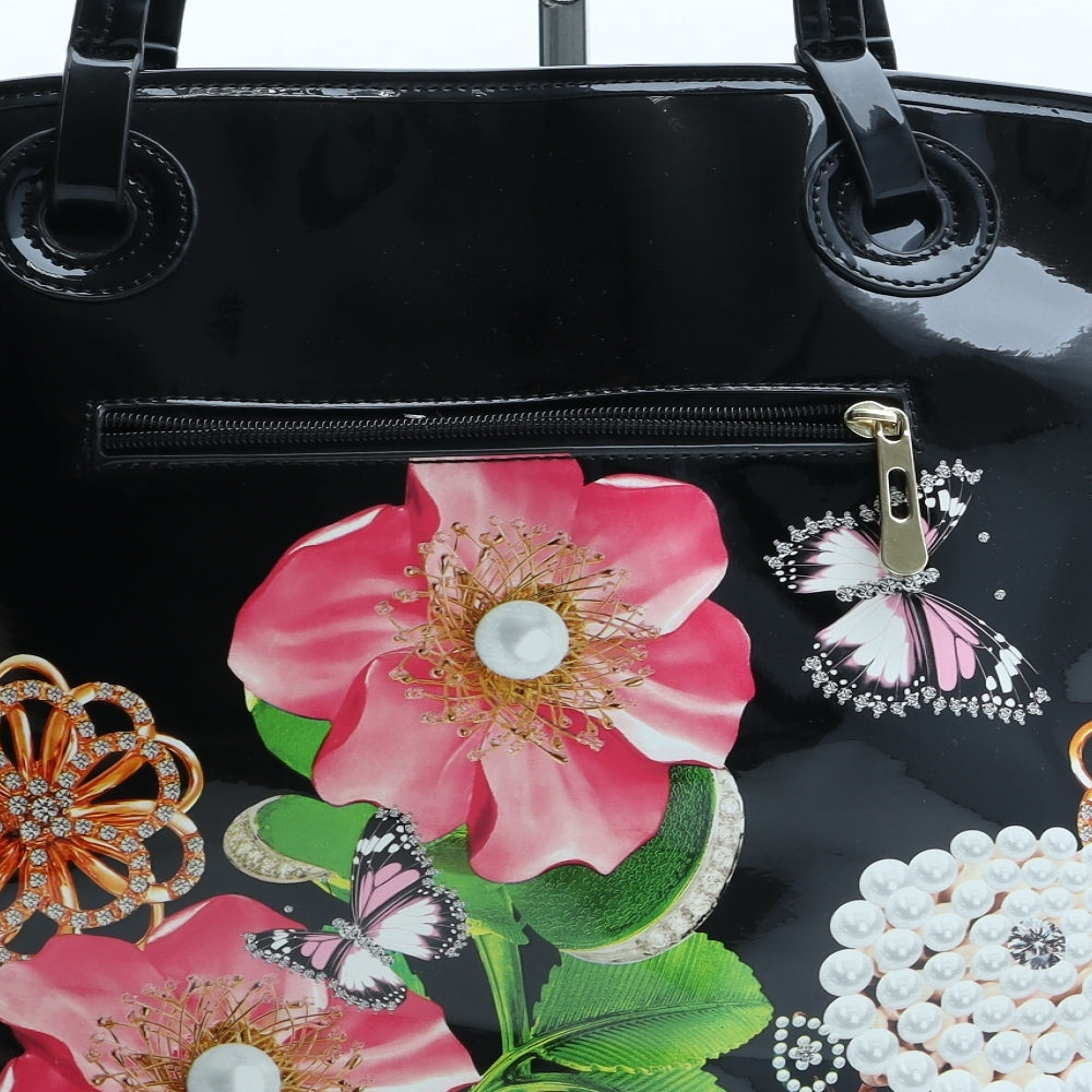 Preworn Womens Black Floral Polyurethane Hobo Bag Size Large