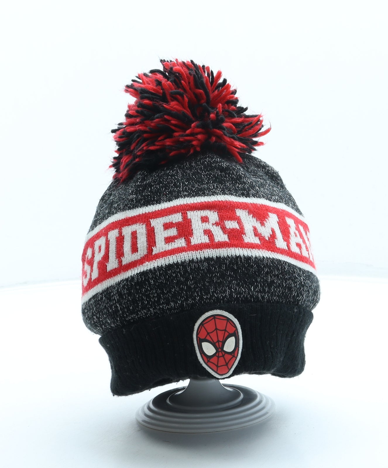 George Boys Black Striped Acrylic Bobble Hat One Size - Spiderman