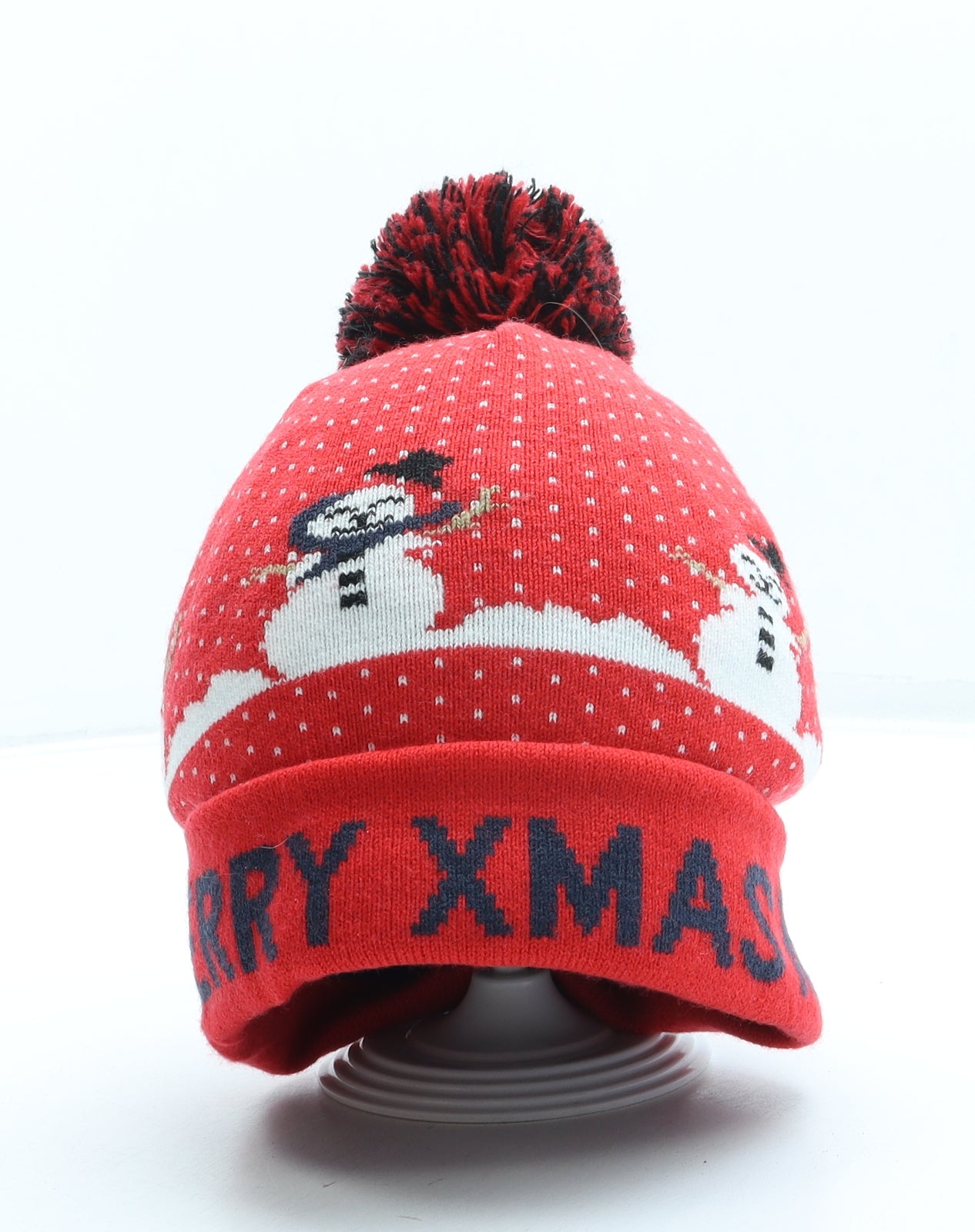KBG Fashions Womens Red Geometric Acrylic Bobble Hat One Size - Christmas