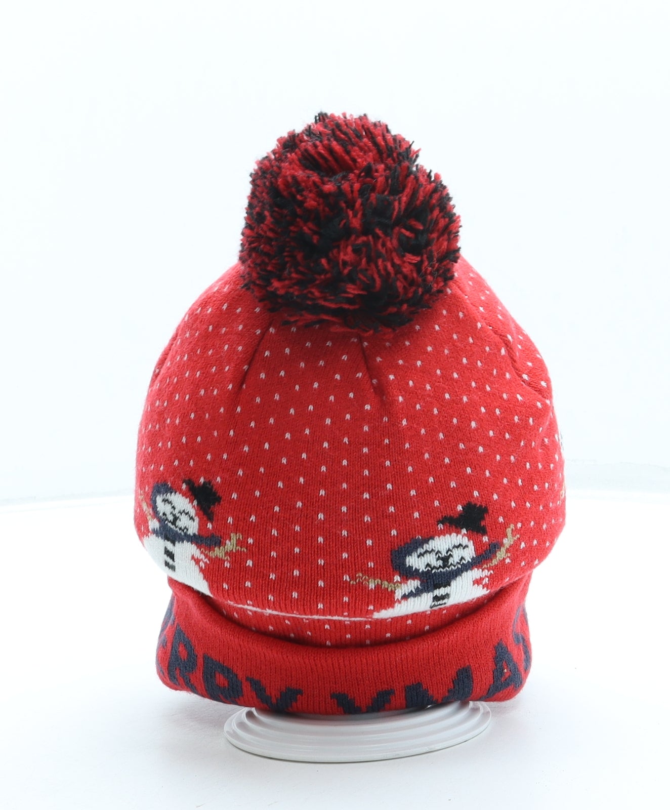 KBG Fashions Womens Red Geometric Acrylic Bobble Hat One Size - Christmas