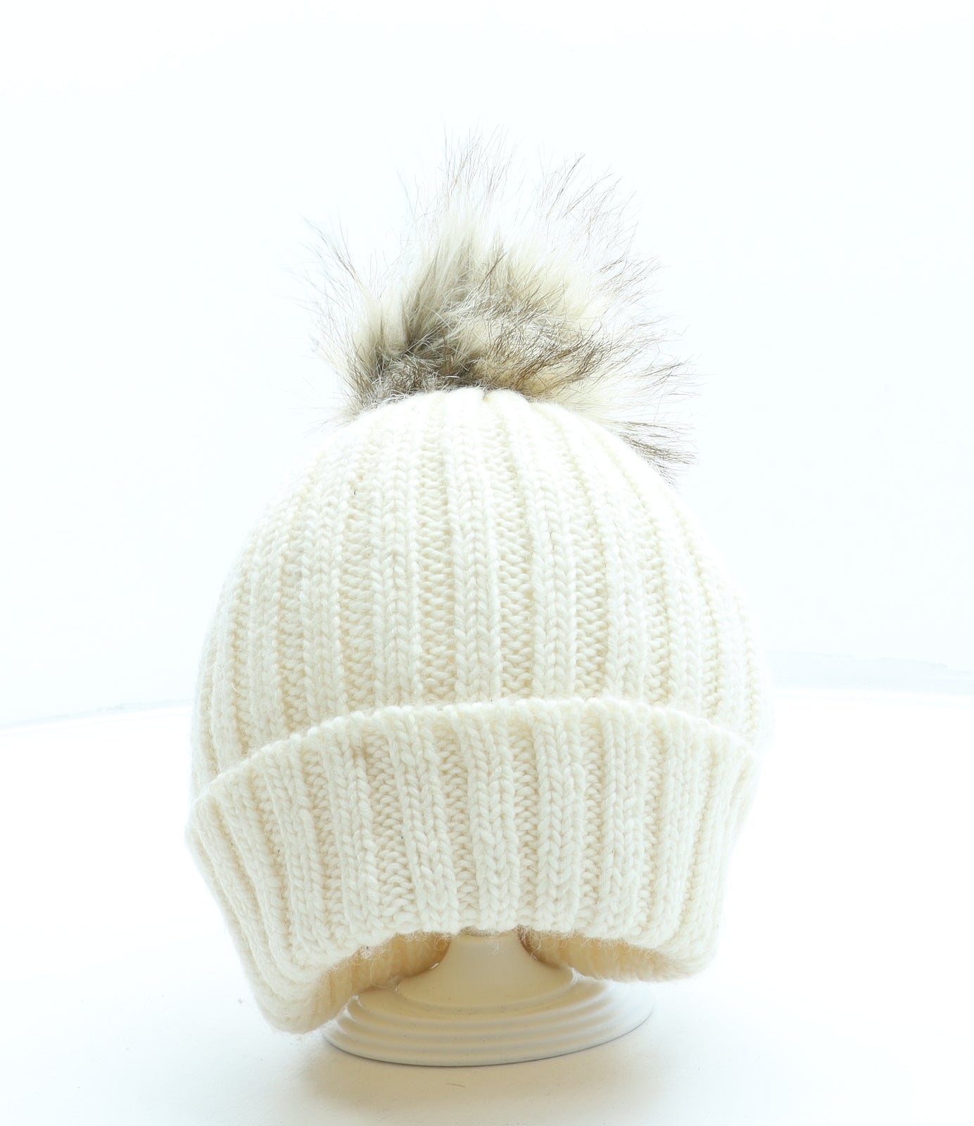 H&M Womens Beige Acrylic Bobble Hat One Size - Pom Pom