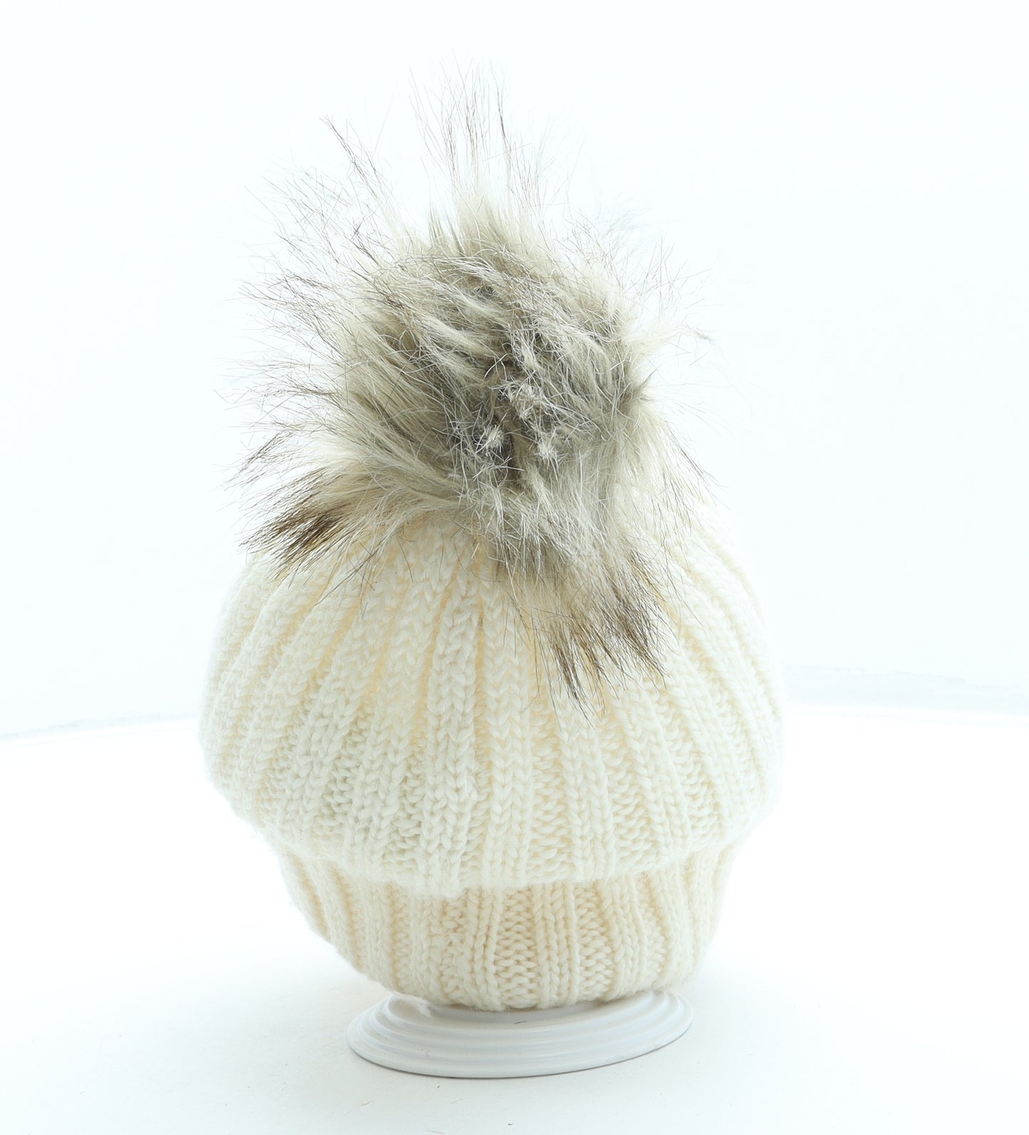 H&M Womens Beige Acrylic Bobble Hat One Size - Pom Pom