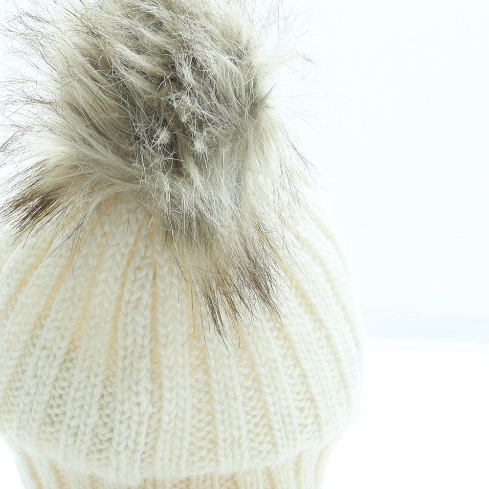 H&M Womens Beige Acrylic Bobble Hat One Size - Pom Pom