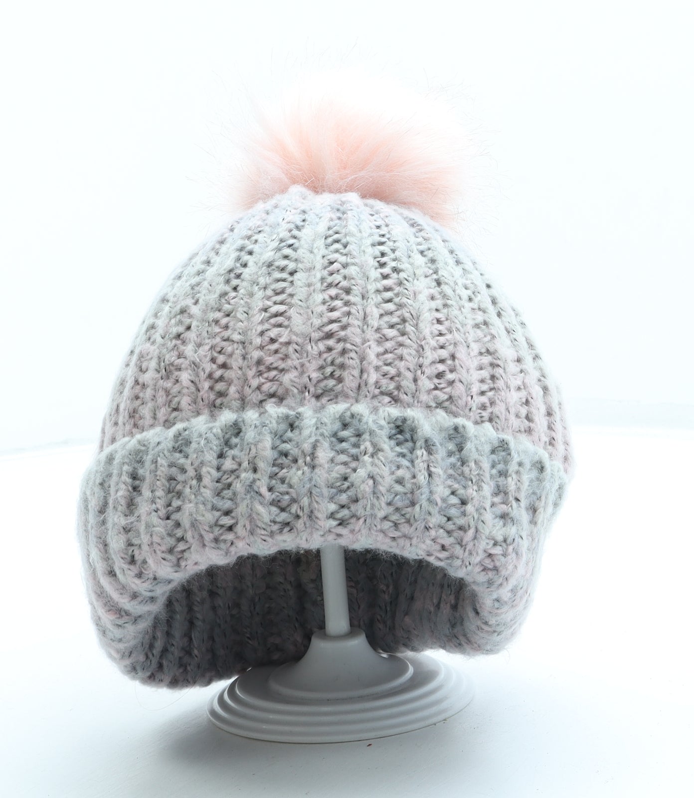 Primark Womens Grey Acrylic Bobble Hat Size M - Pom Pom