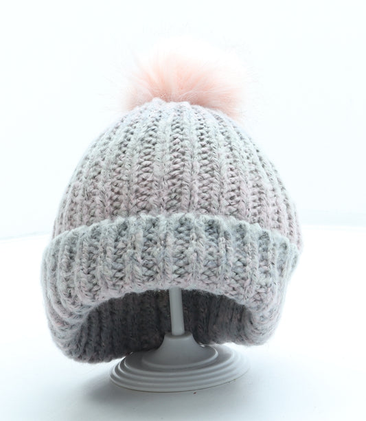 Primark Womens Grey Acrylic Bobble Hat Size M - Pom Pom