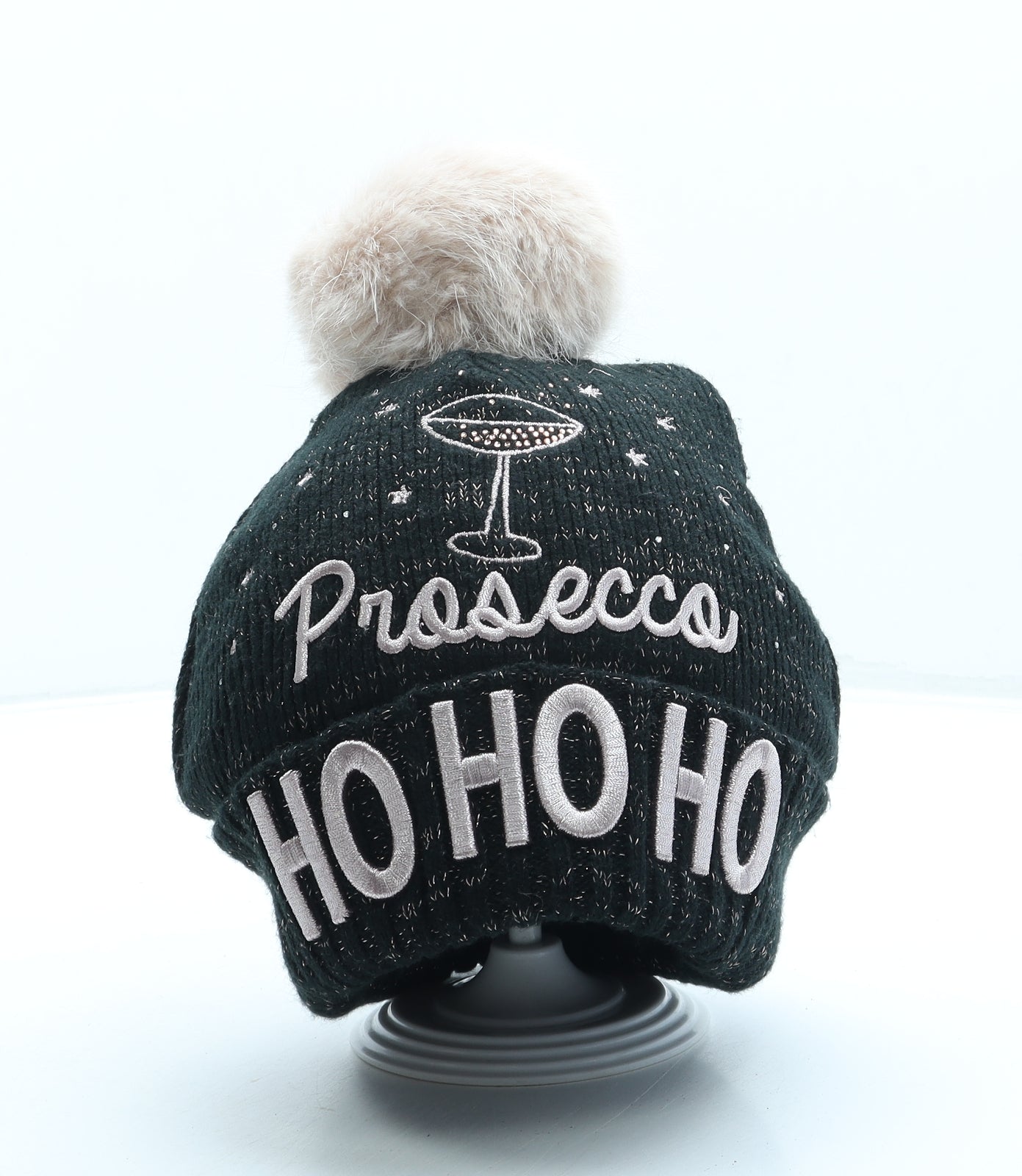 F&F Womens Black Acrylic Bobble Hat One Size - Christmas Prosecco