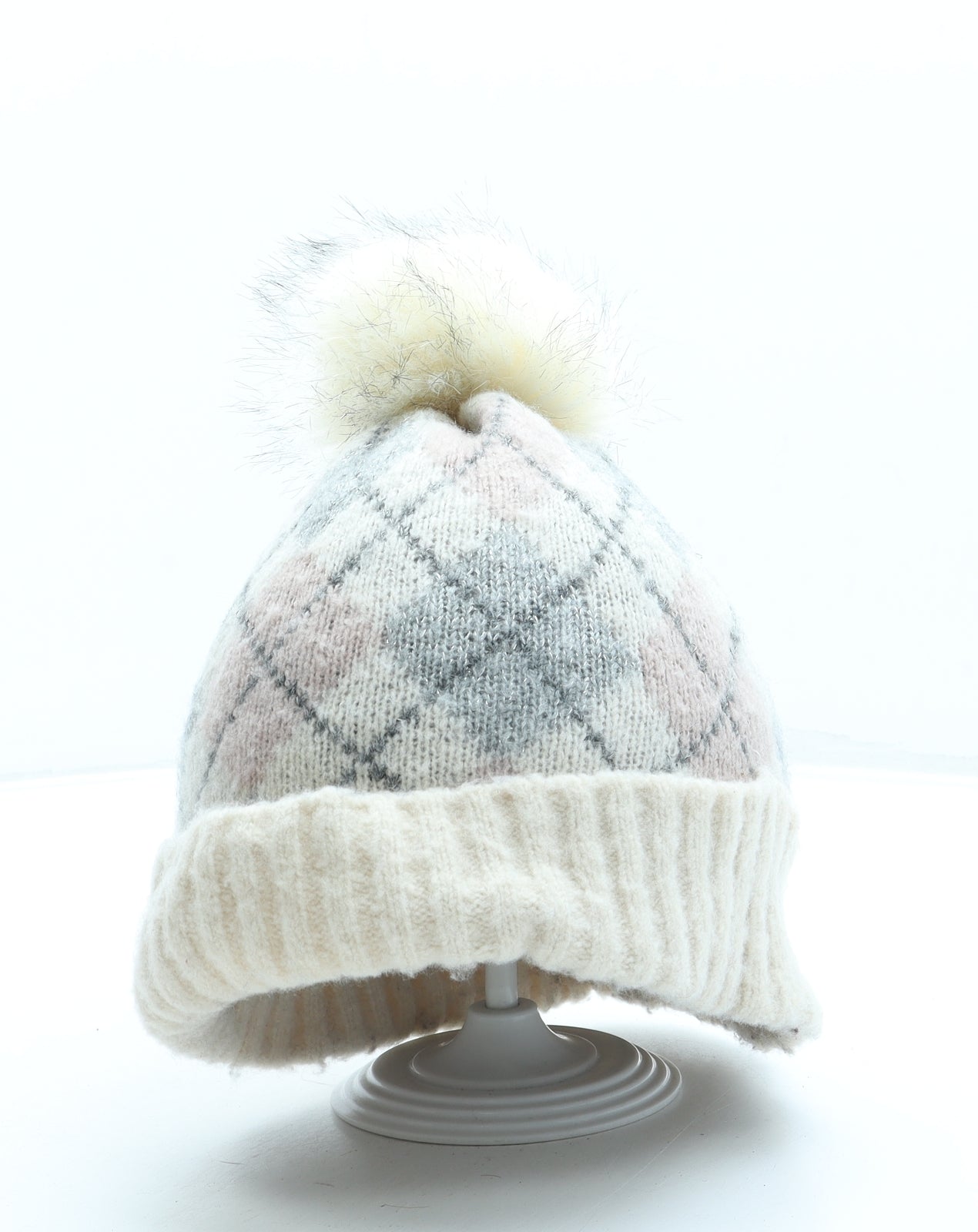 New Look Womens Beige Plaid Polyester Bobble Hat One Size
