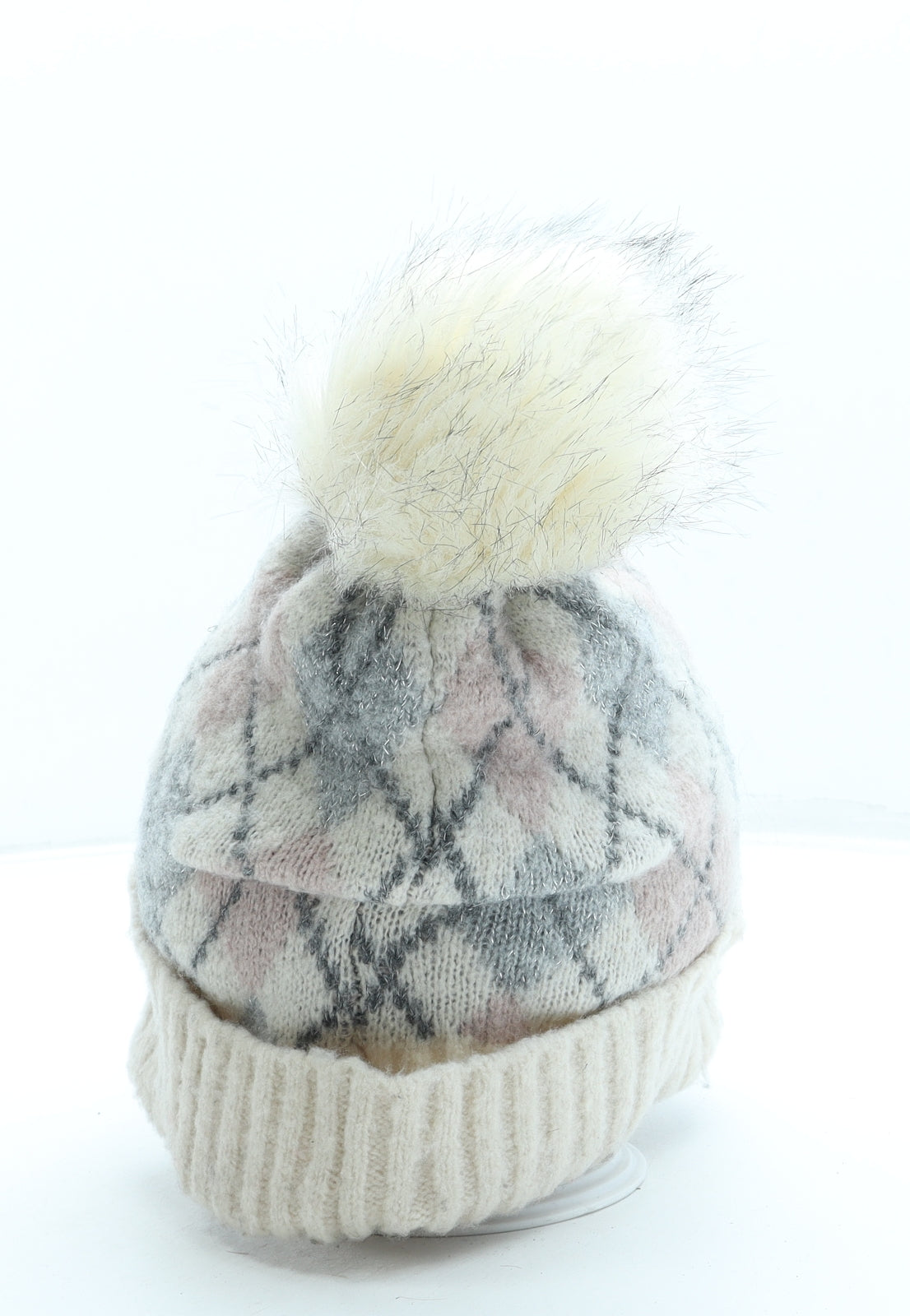 New Look Womens Beige Plaid Polyester Bobble Hat One Size