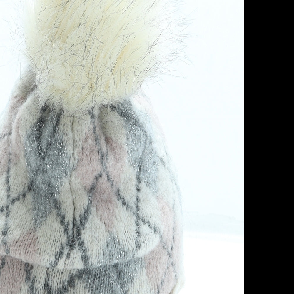 New Look Womens Beige Plaid Polyester Bobble Hat One Size