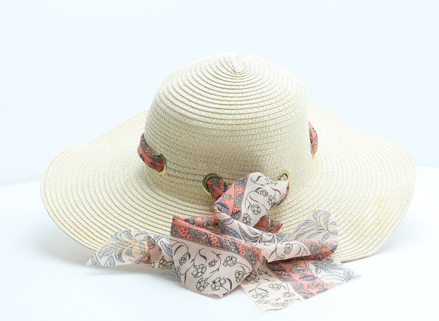 Preworn Womens Beige Floral Paper Sun Hat One Size - Scarf