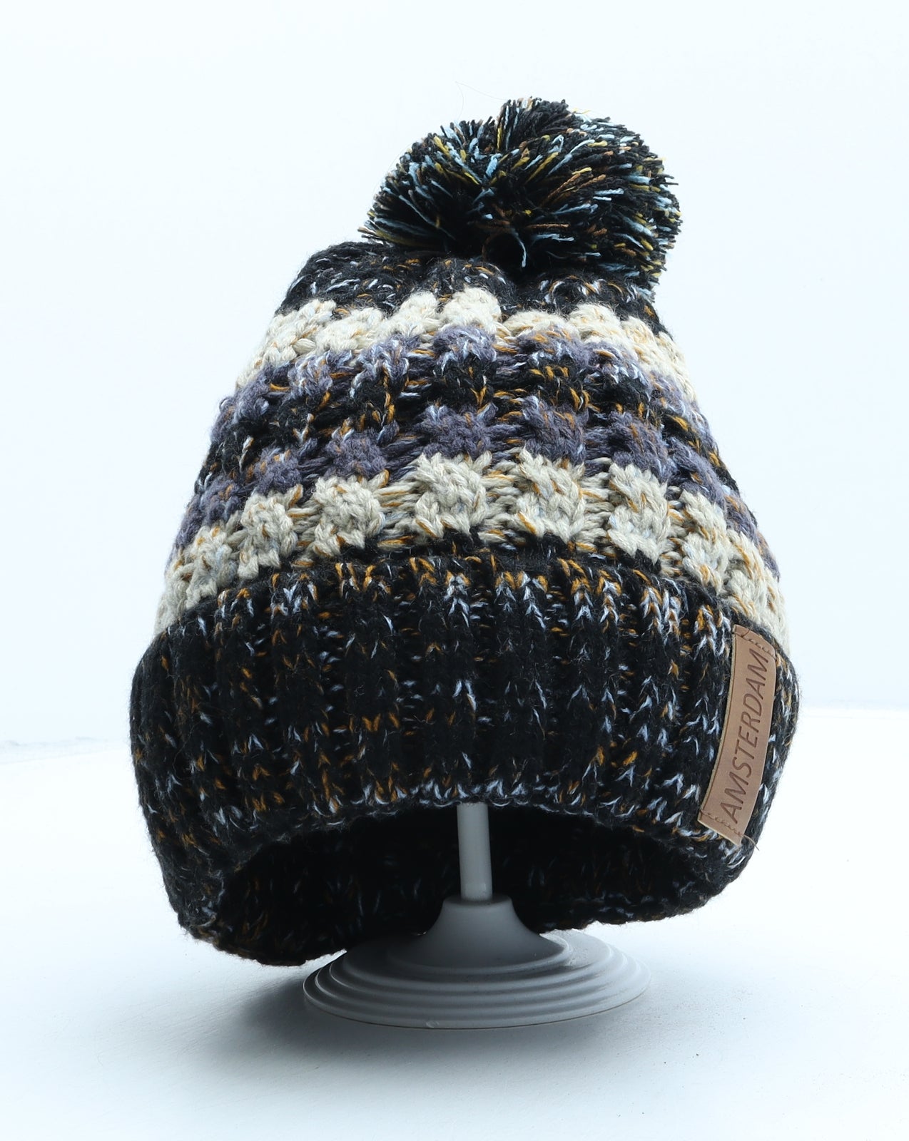 Amsterdam Mens Multicoloured Striped Acrylic Beanie One Size - Pom Pom Detail