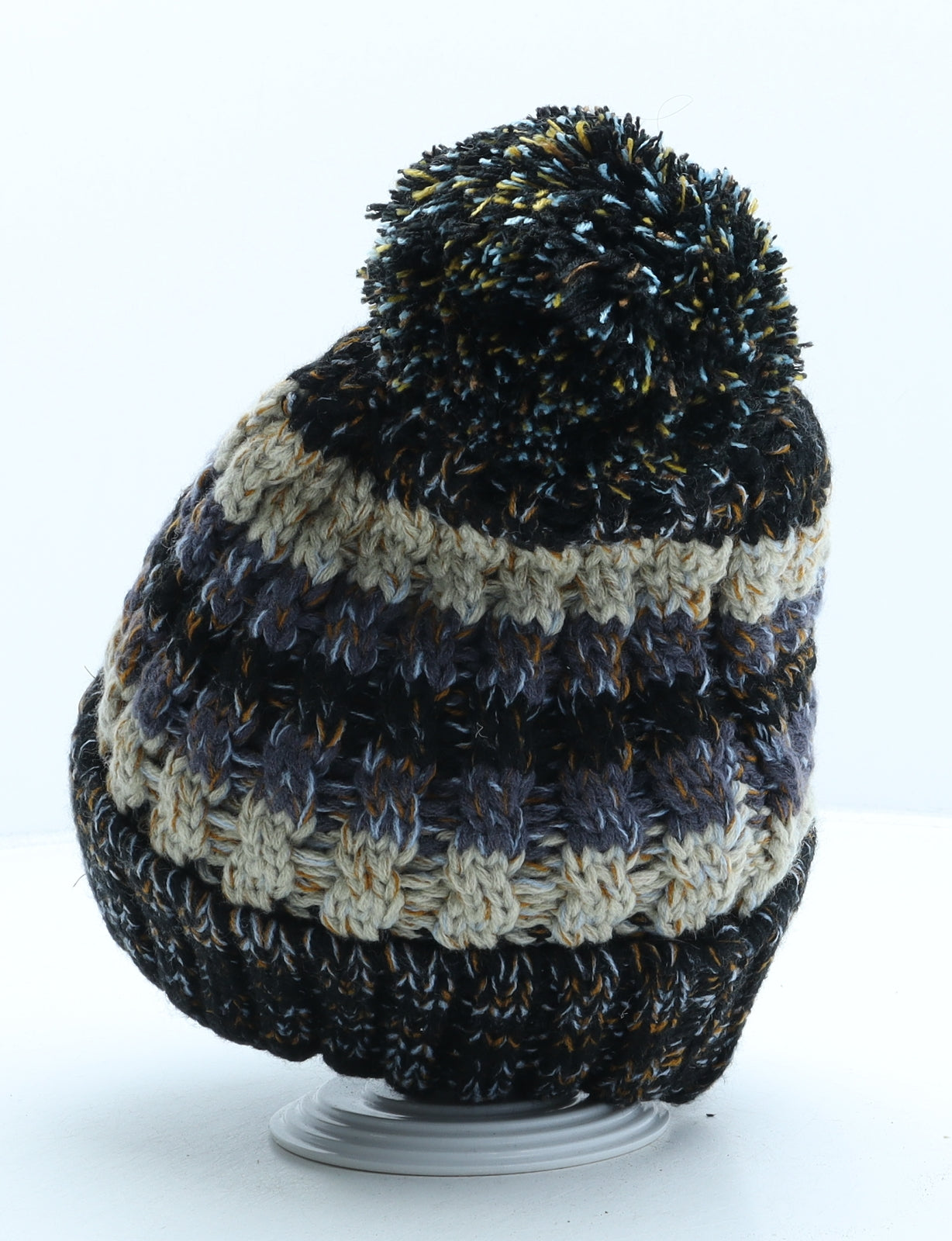 Amsterdam Mens Multicoloured Striped Acrylic Beanie One Size - Pom Pom Detail