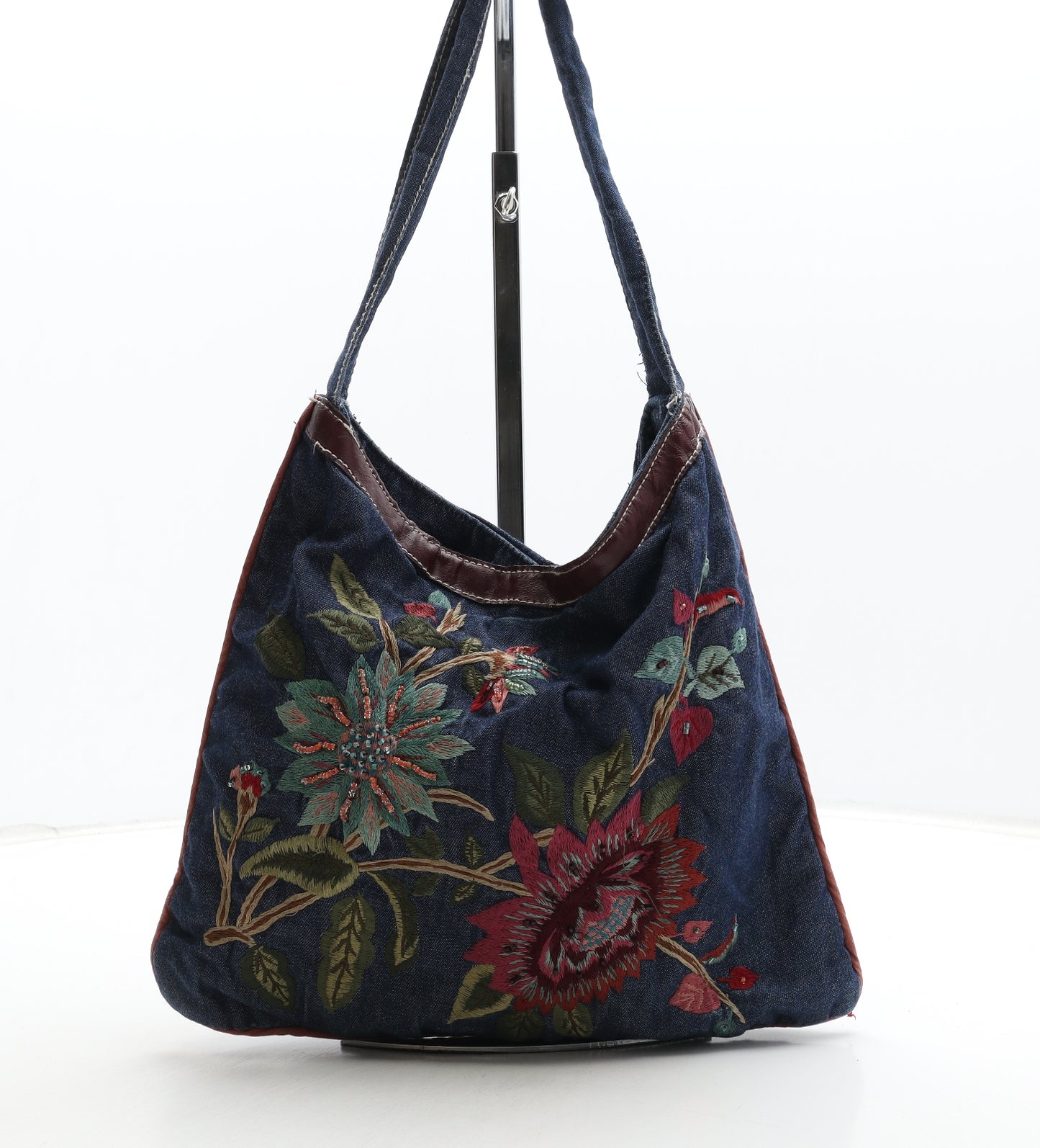 Accessorize Womens Blue Floral Cotton Hobo Bag Size Medium