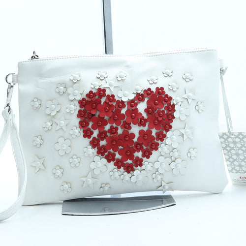 Marina Galanti Womens White Floral Leather Clutch Size Small - Heart Detail