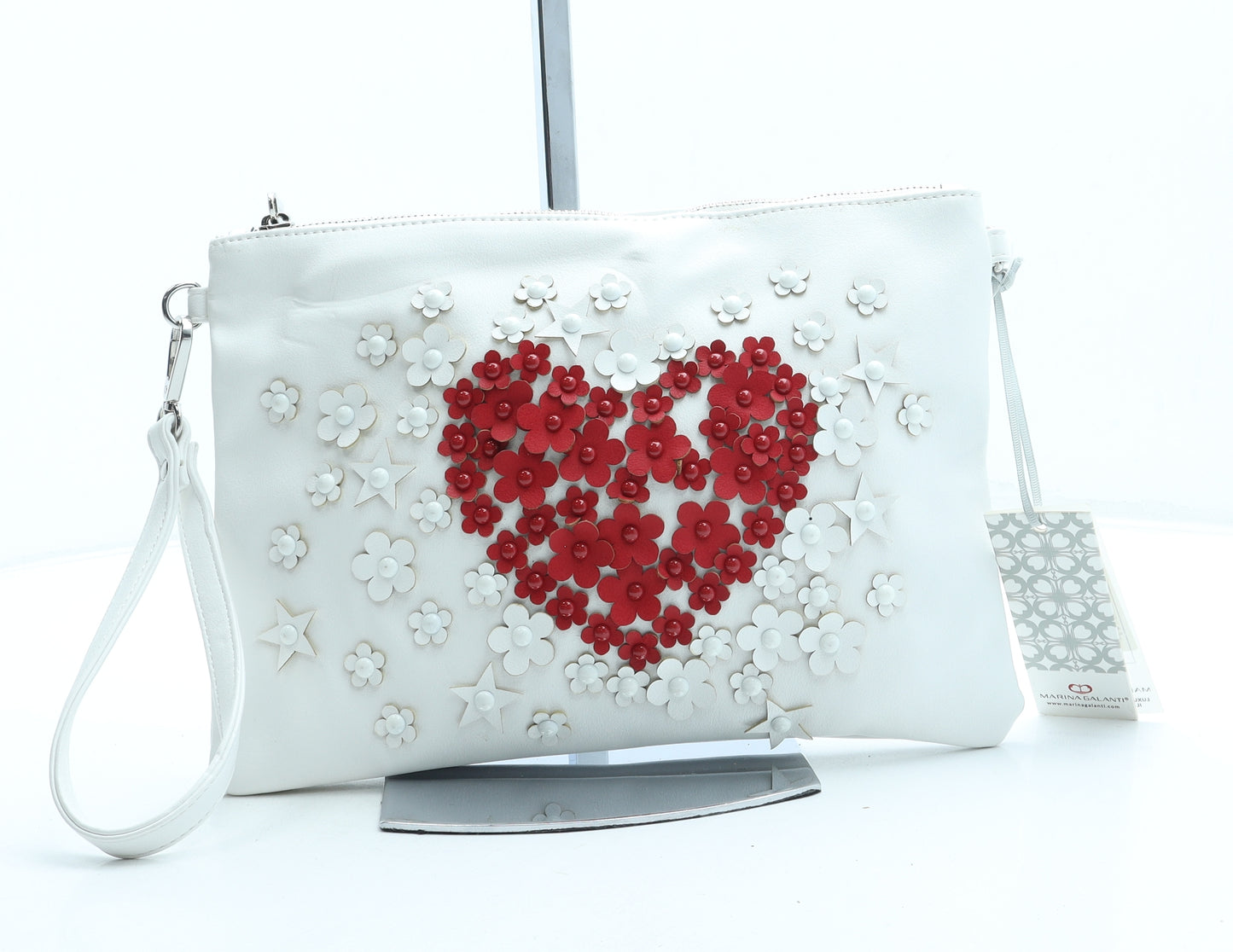 Marina Galanti Womens White Floral Leather Clutch Size Small - Heart Detail