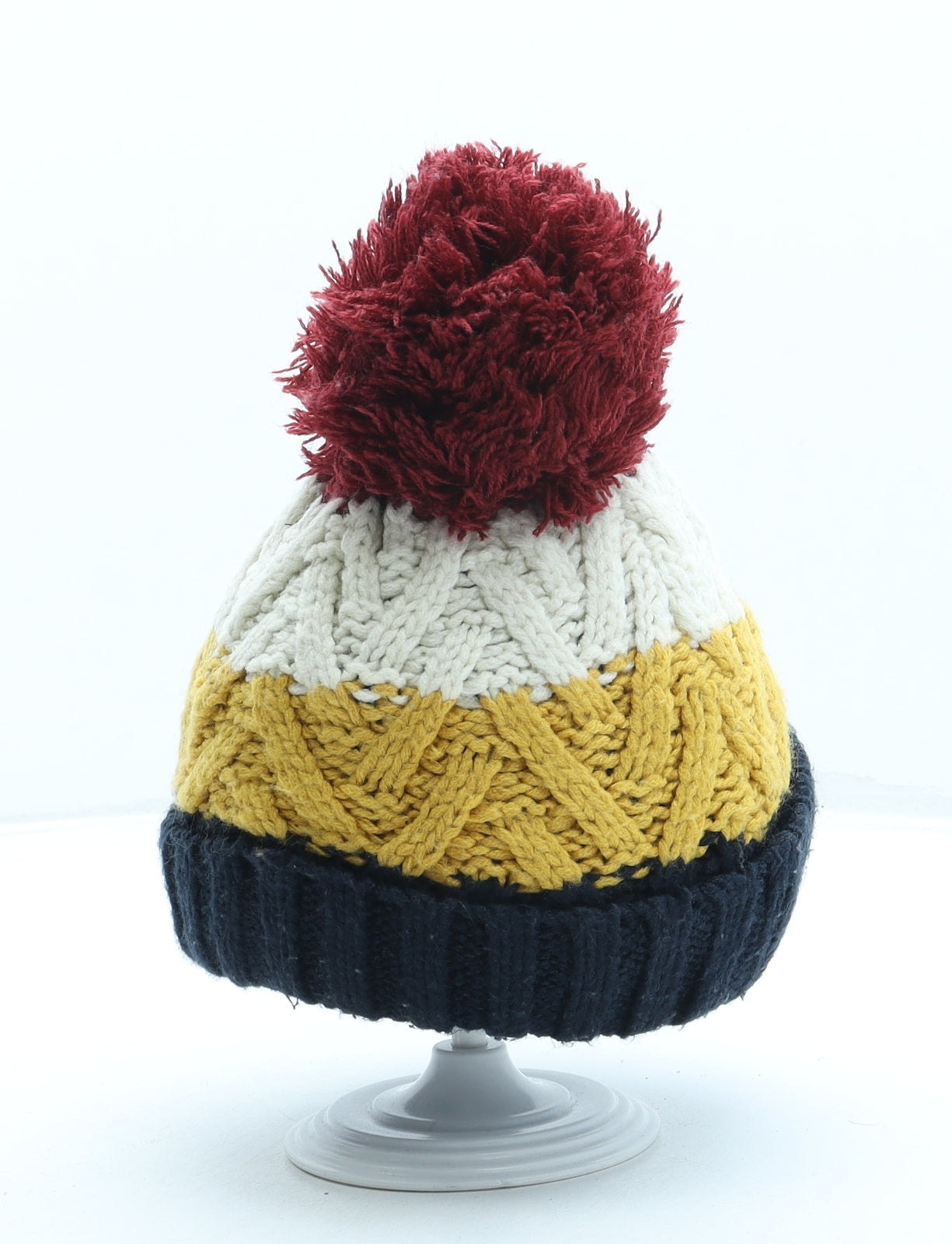 F&F Boys Blue Striped Acrylic Bobble Hat One Size - Pom Pom