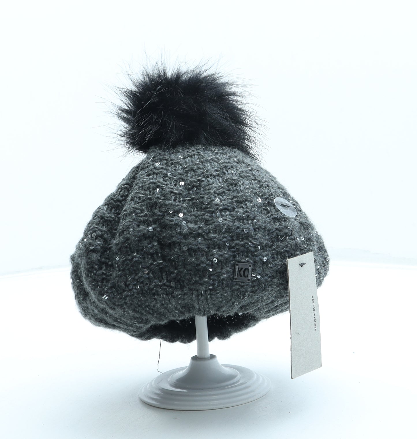 Kenneth Cole Womens Grey Acrylic Beret One Size - Pom Pom