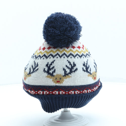 F&F Womens Blue Geometric Polyester Bobble Hat One Size - Reindeer