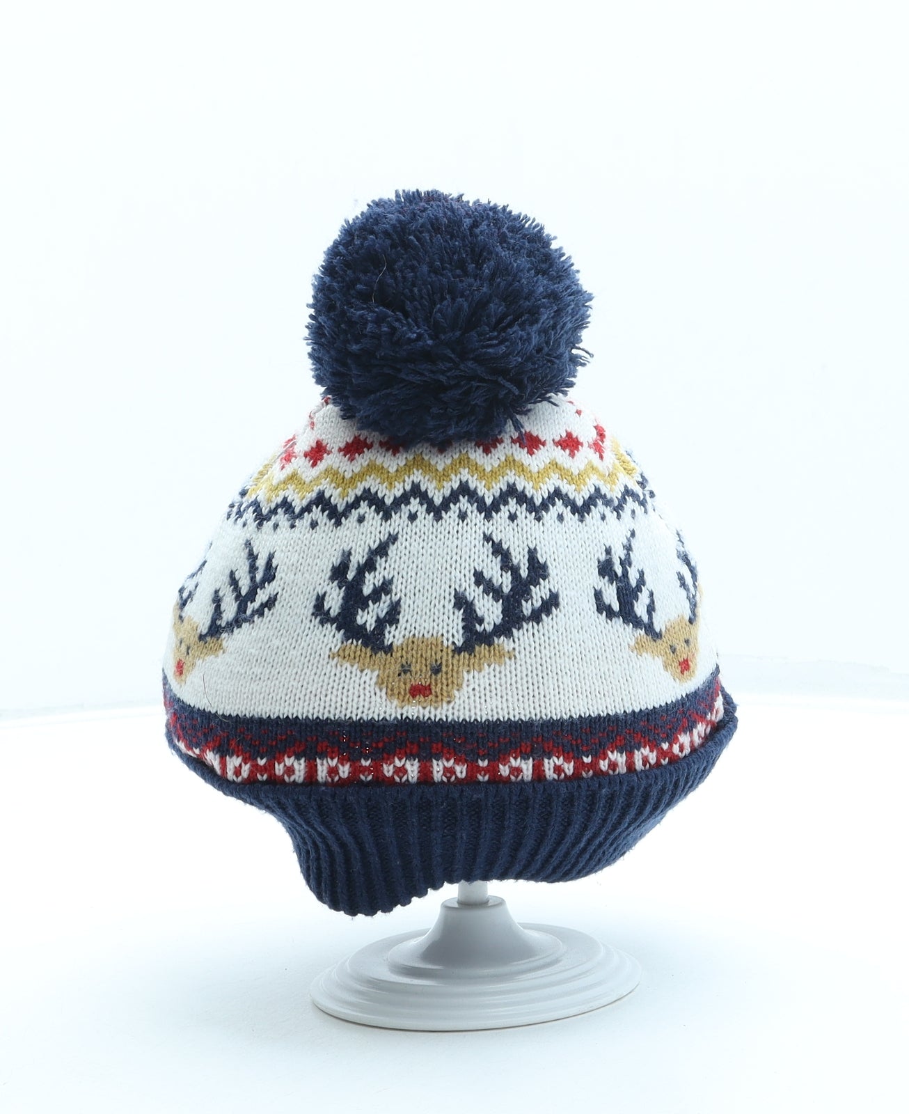 F&F Womens Blue Geometric Polyester Bobble Hat One Size - Reindeer