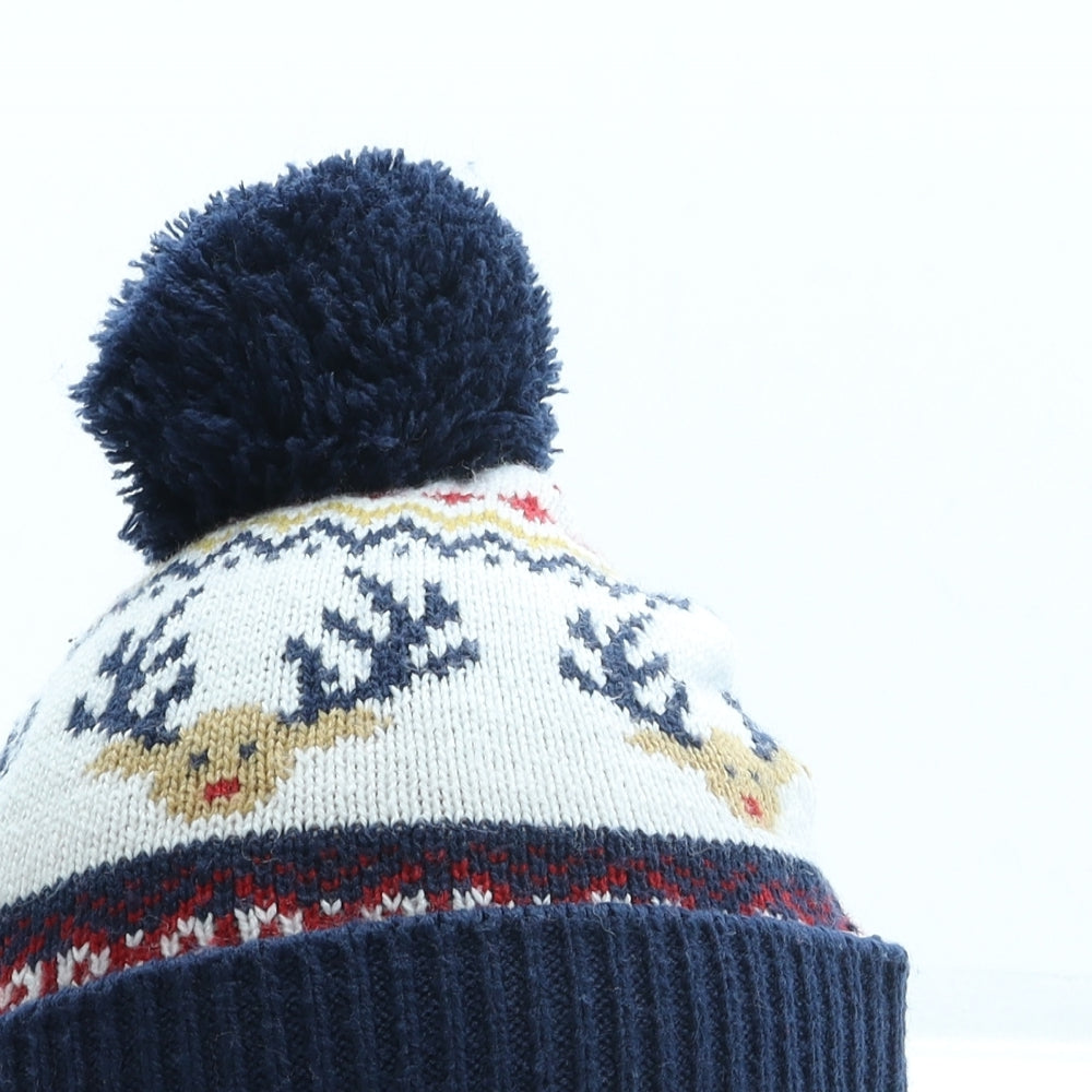 F&F Womens Blue Geometric Polyester Bobble Hat One Size - Reindeer