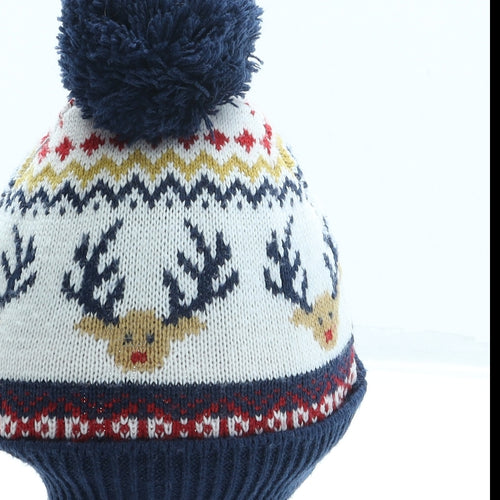 F&F Womens Blue Geometric Polyester Bobble Hat One Size - Reindeer