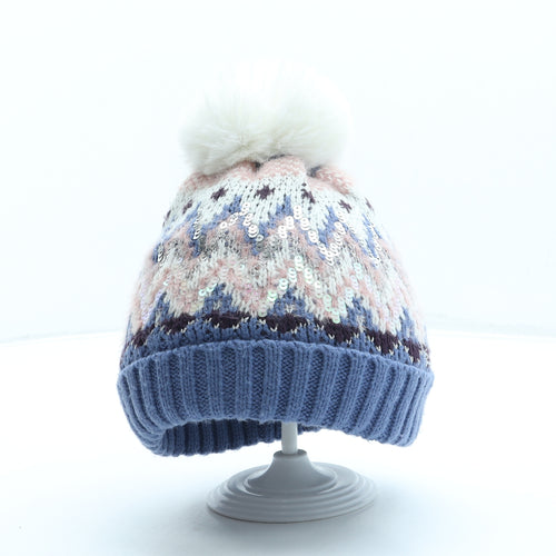 George Girls Blue Geometric Acrylic Bobble Hat One Size - Pom Pom
