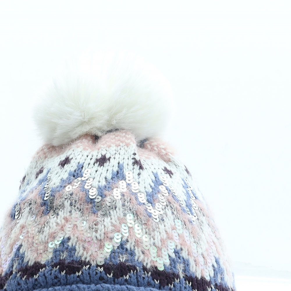 George Girls Blue Geometric Acrylic Bobble Hat One Size - Pom Pom