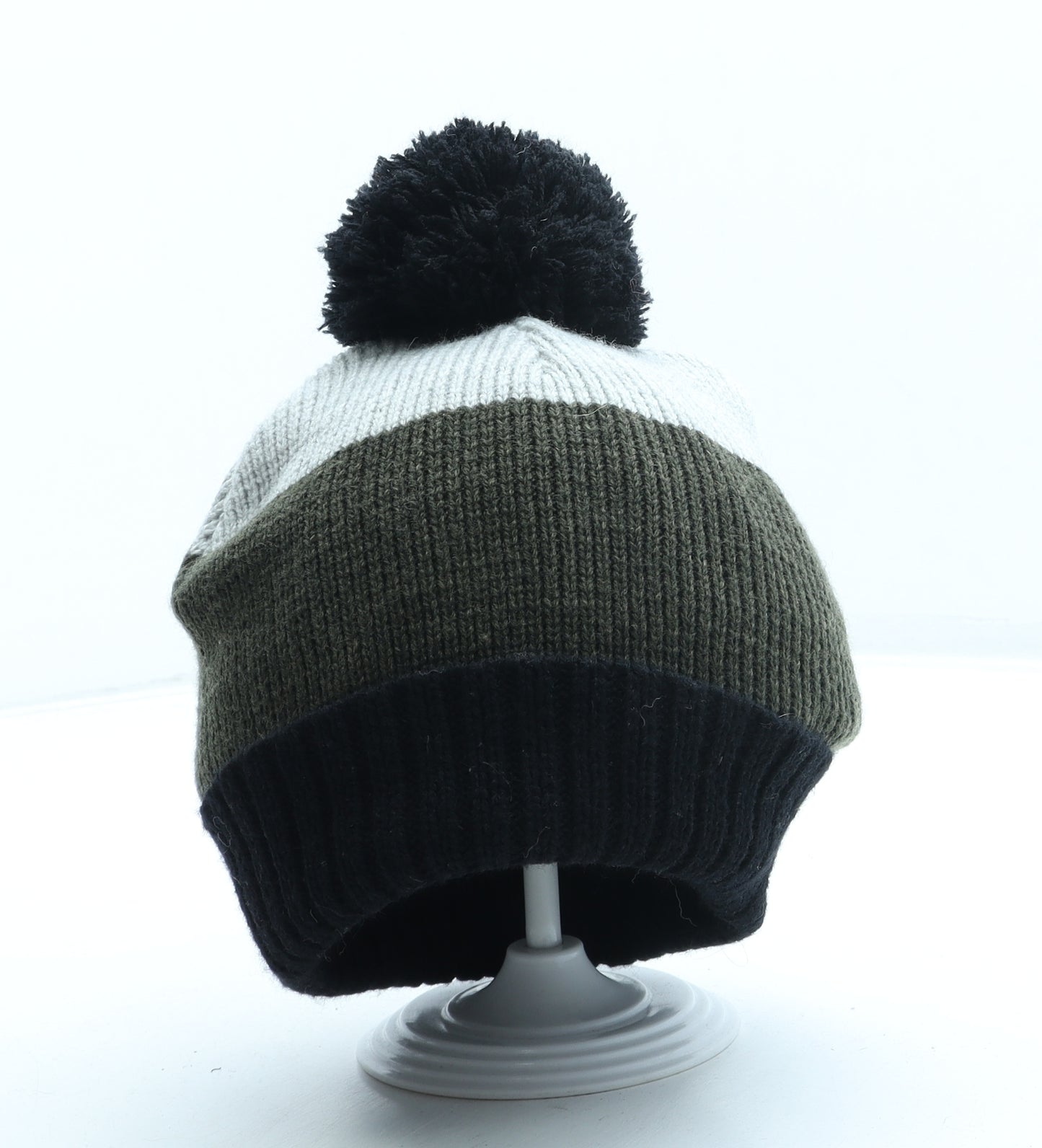 Primark Boys Green Striped Acrylic Bobble Hat Size M - Pom Pom