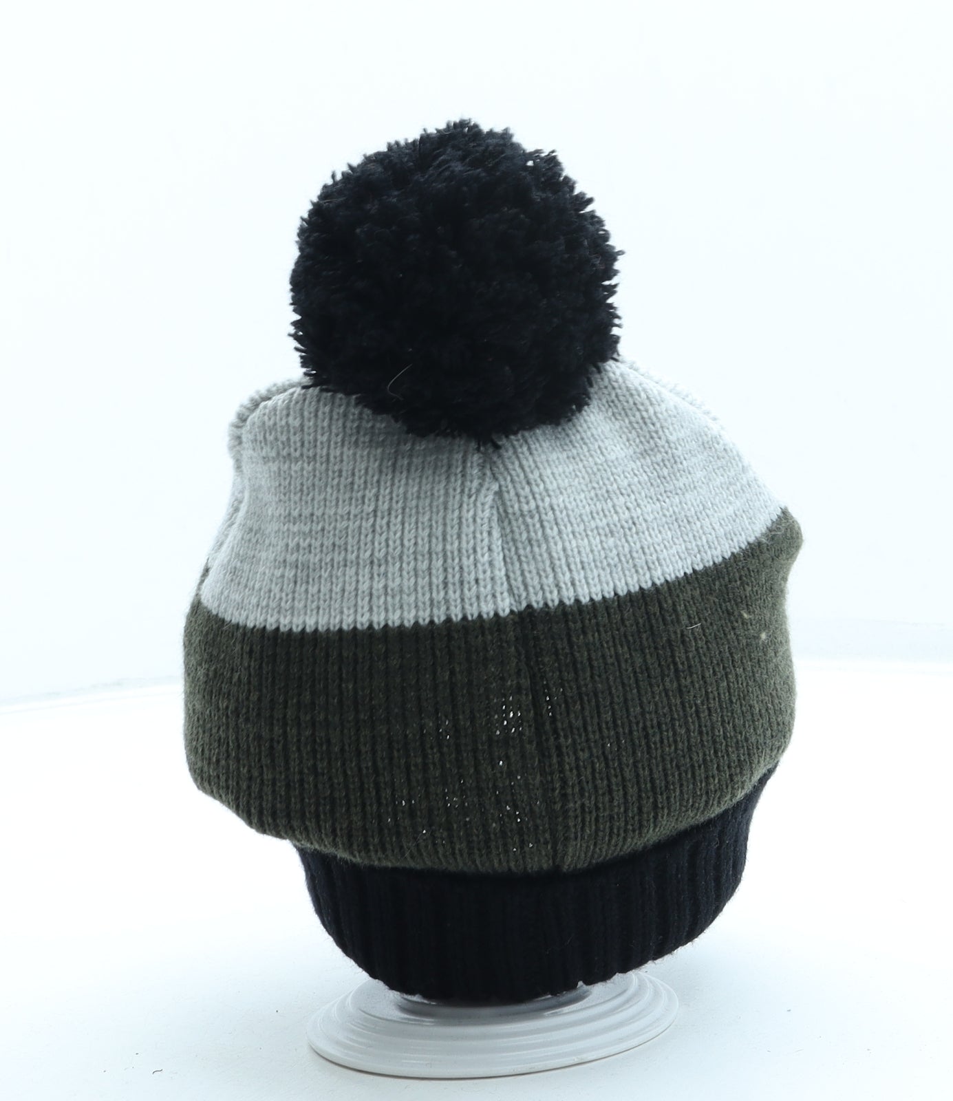 Primark Boys Green Striped Acrylic Bobble Hat Size M - Pom Pom