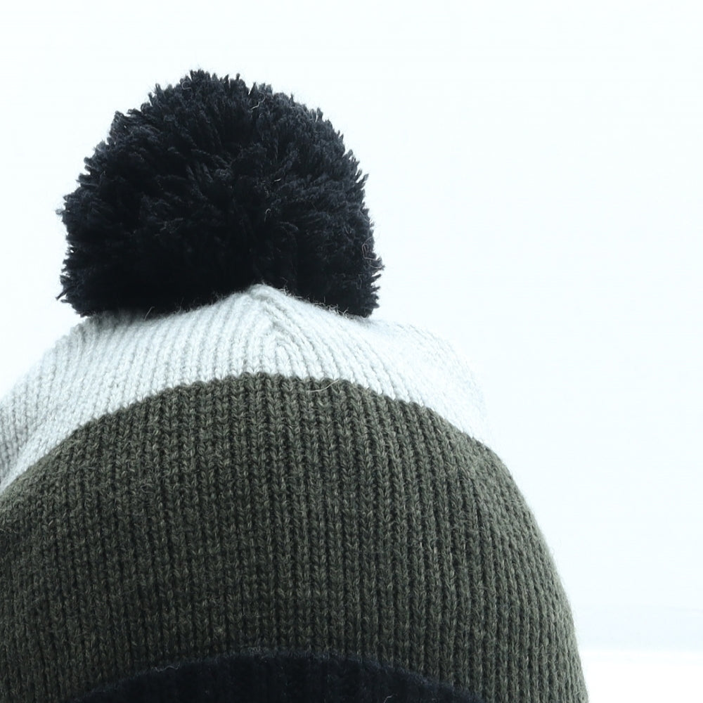 Primark Boys Green Striped Acrylic Bobble Hat Size M - Pom Pom