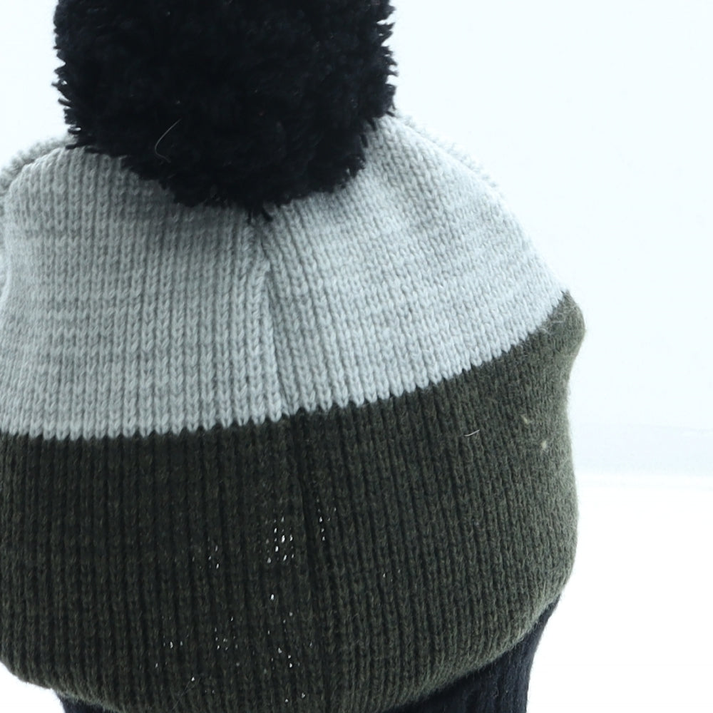 Primark Boys Green Striped Acrylic Bobble Hat Size M - Pom Pom