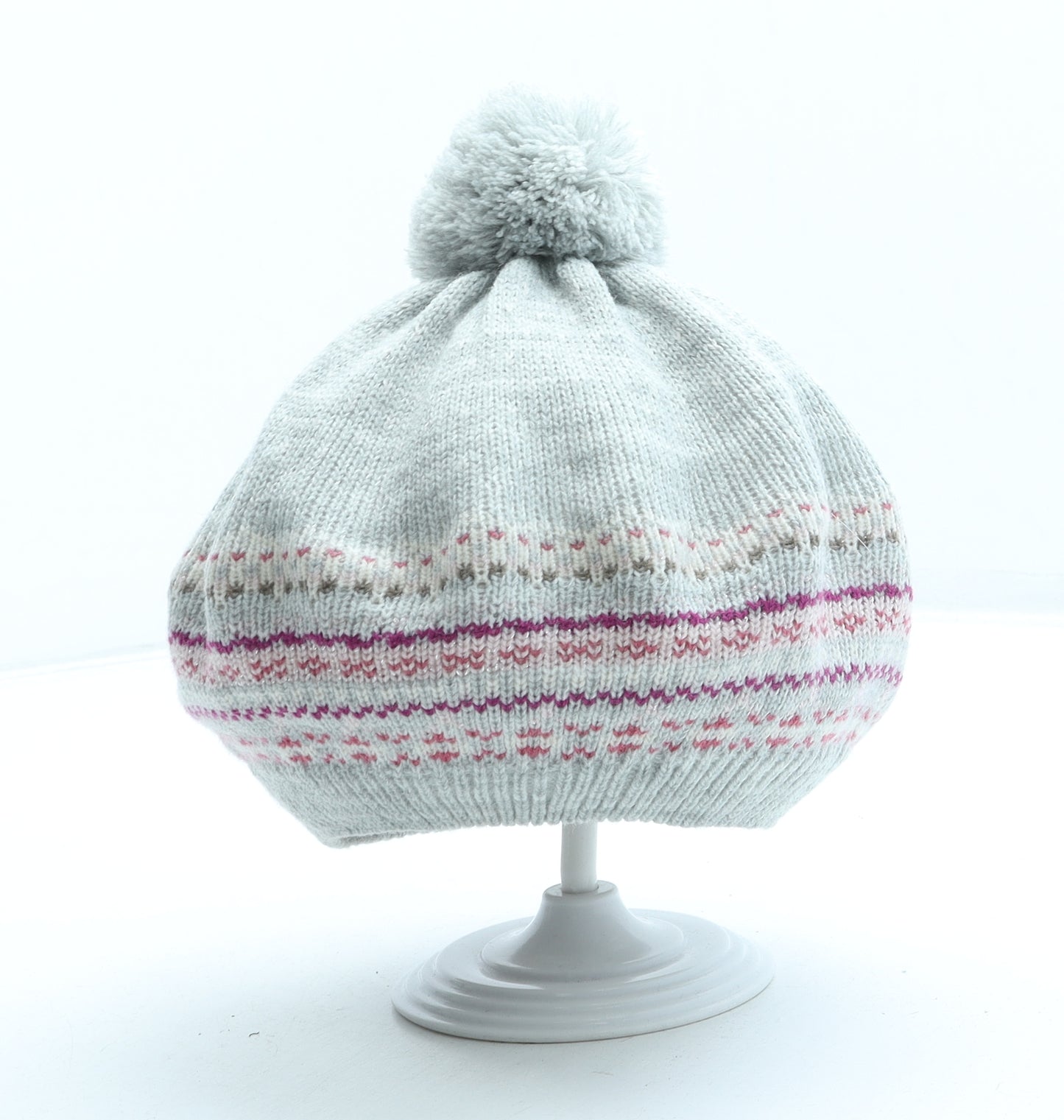 M&Co Womens Grey Geometric Acrylic Beret One Size - Pom Pom
