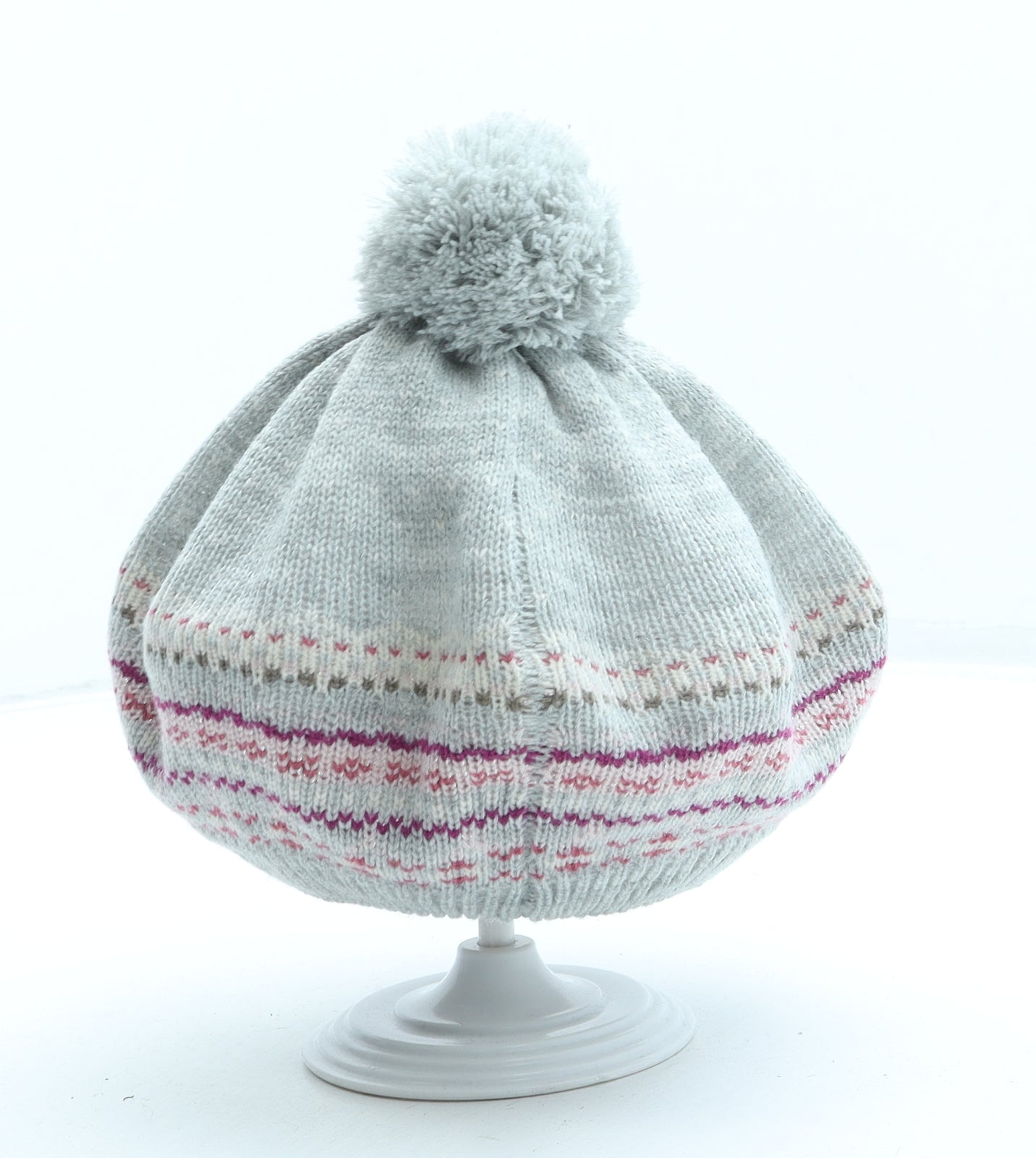 M&Co Womens Grey Geometric Acrylic Beret One Size - Pom Pom