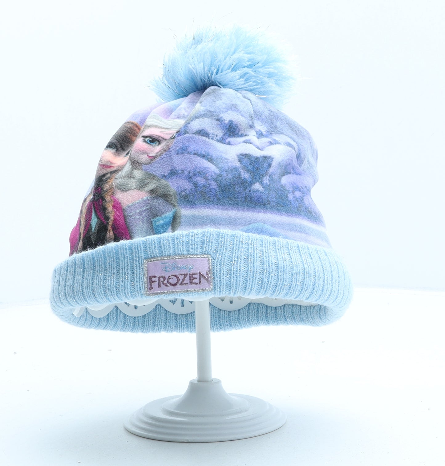 Disney Girls Blue Geometric Polyester Bobble Hat One Size - Frozen