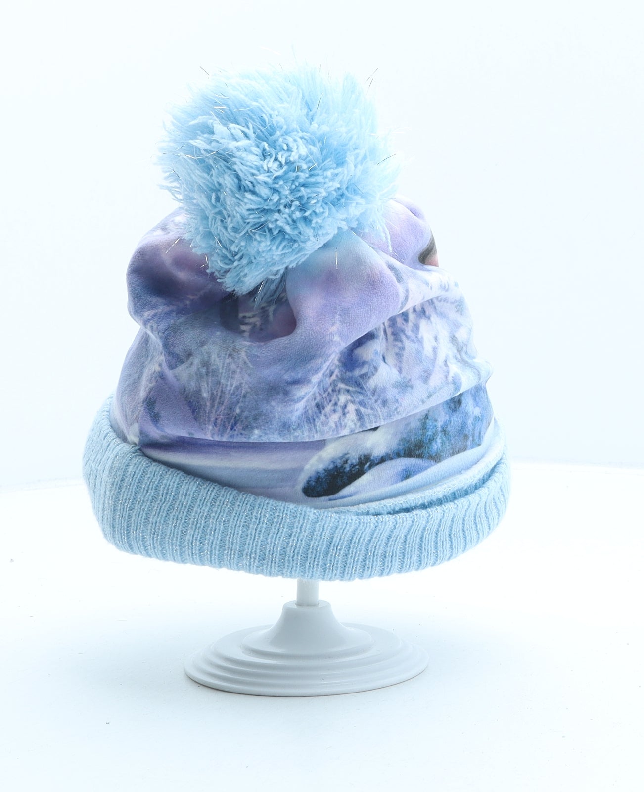 Disney Girls Blue Geometric Polyester Bobble Hat One Size - Frozen