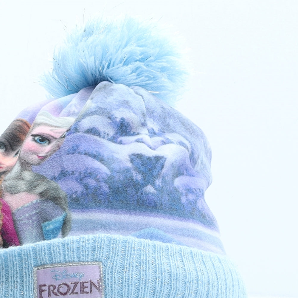 Disney Girls Blue Geometric Polyester Bobble Hat One Size - Frozen