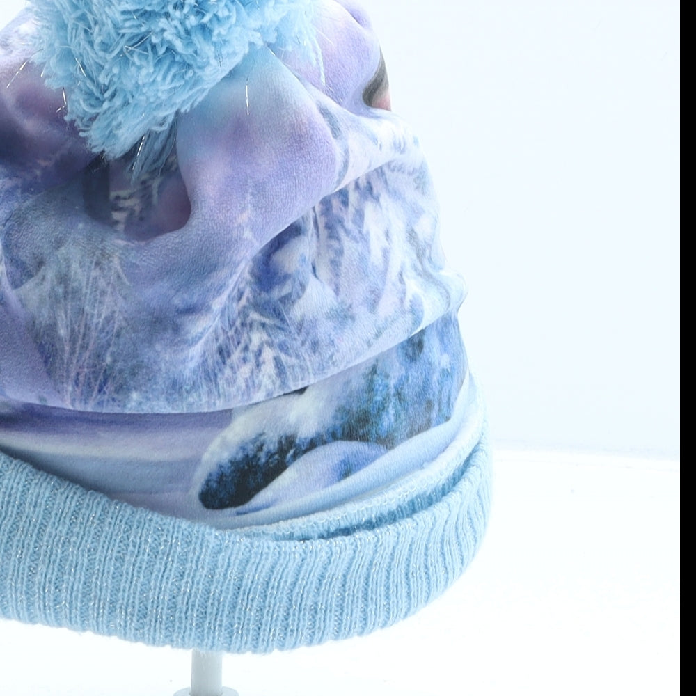 Disney Girls Blue Geometric Polyester Bobble Hat One Size - Frozen