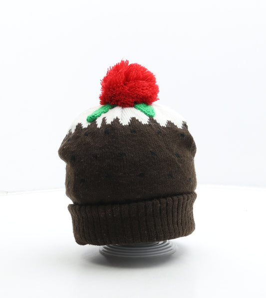 Preworn Womens Brown Acrylic Bobble Hat One Size - Christmas Pudding