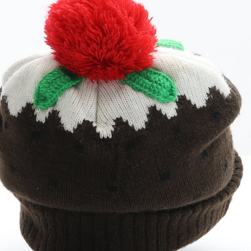 Preworn Womens Brown Acrylic Bobble Hat One Size - Christmas Pudding