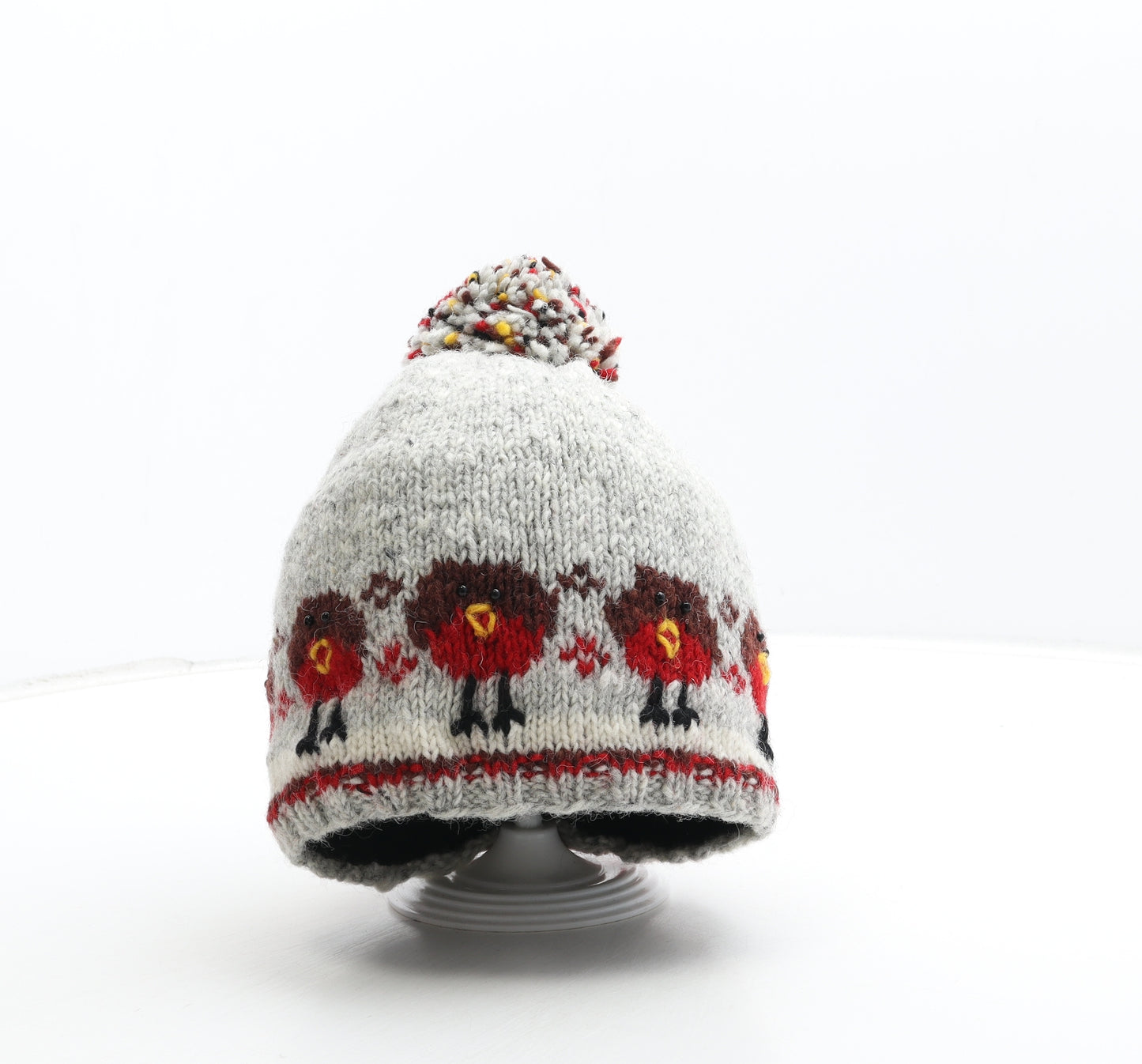 Preworn Womens Grey Acrylic Bobble Hat One Size - Christmas Robin