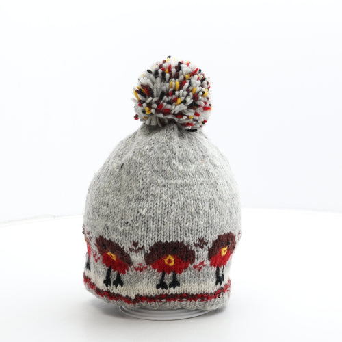 Preworn Womens Grey Acrylic Bobble Hat One Size - Christmas Robin