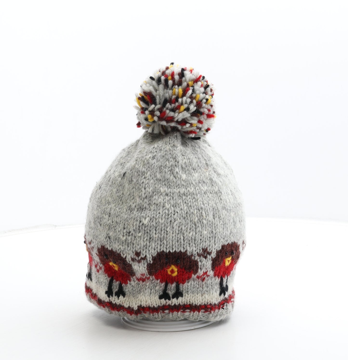 Preworn Womens Grey Acrylic Bobble Hat One Size - Christmas Robin