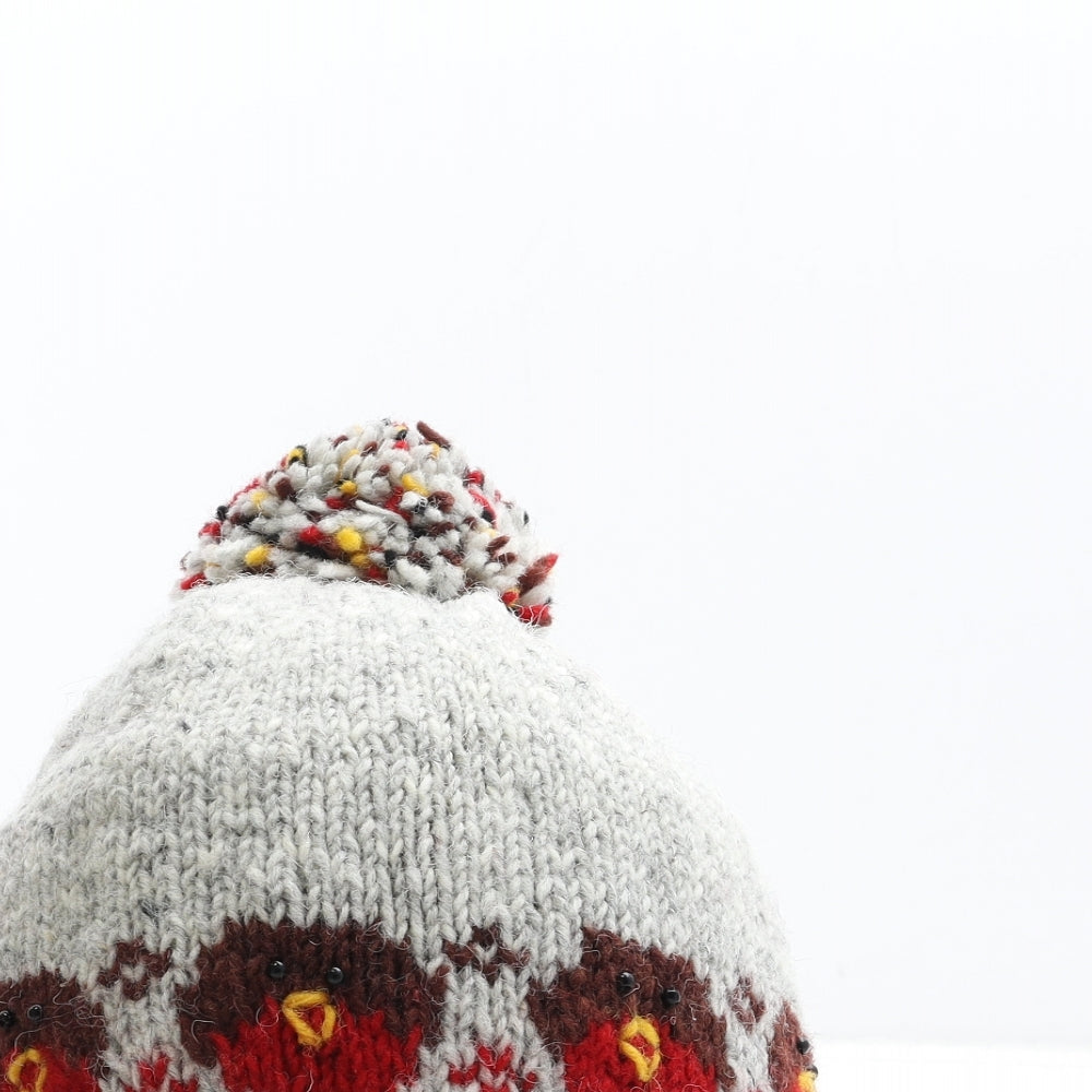 Preworn Womens Grey Acrylic Bobble Hat One Size - Christmas Robin